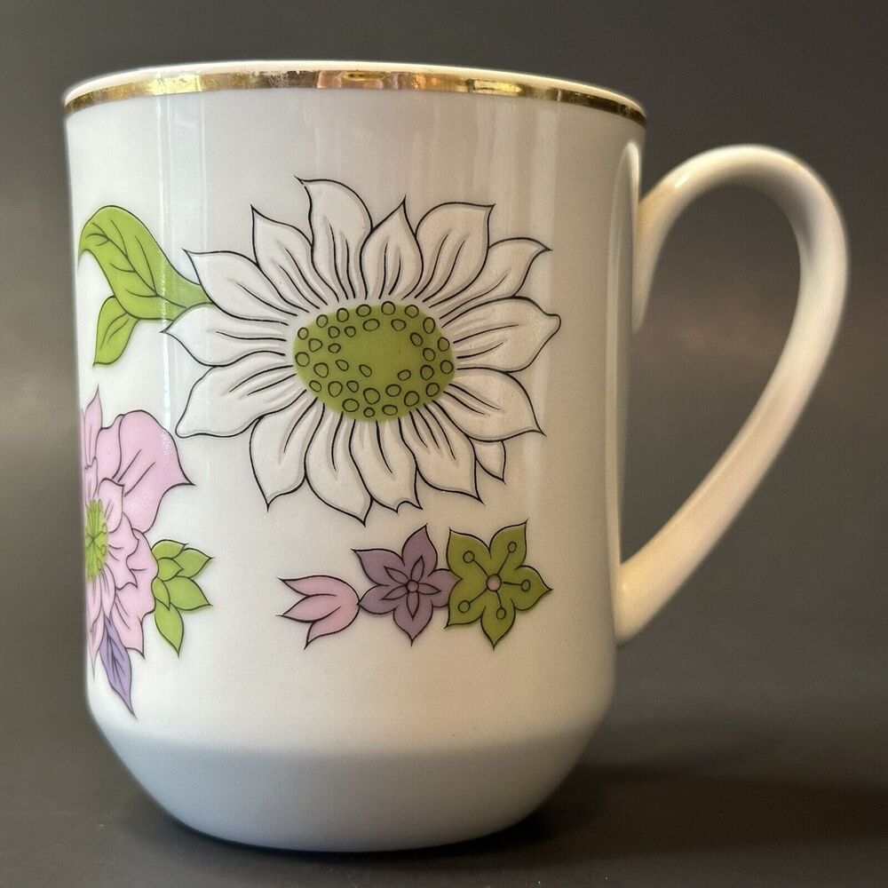 Vintage MCM by Creative Japan Coffee Cup/Mug Green Purple Pink White Flowers